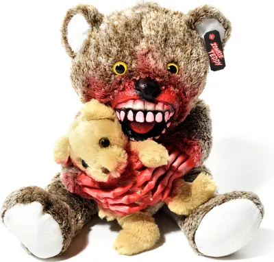 Produktbild von Zombie Teddy Kannibale Fingerpuppe - Rotes Horror Kuscheltier für Halloween, gruseliges Spielzeug & makaberes Geschenk für Splatter Fans