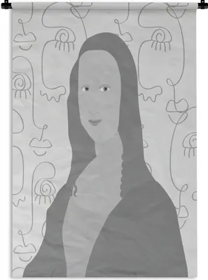 Produktbild von MuchoWow® Wandteppich Wandbehang Mona Lisa - Strichzeichnung - Schwarz - Weiß 60x90 cm Tapisserie Dekoration Wandtuch - Foto-Teppich - Abwaschbar
