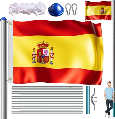 Image de MONZANA® Mât de drapeau télescopique aluminium 6,5m cordelette hissage douille de sol drapeau Espagne réglable hauteur jardin hampe drapeau