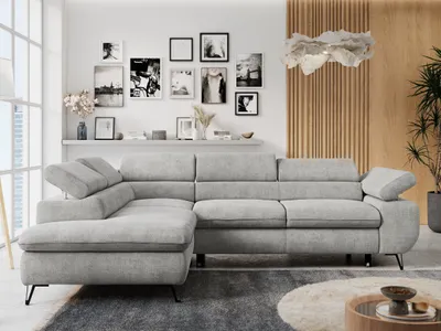 Produktbild von Ecksofa Sofa Grau, Wohnlandschaft L-Form mit Schlaffunktion und Bettkasten, Schlafsofa mit Bettkasten, Sofa mit Einstellbare Kopfstützen, Peter L - Hellgrau Struktur - Links Grau