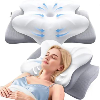 Ergonomisches Nackenkopfkissen aus Memory-Schaum, 60 x 11/14 x 39 cm, Weiß
