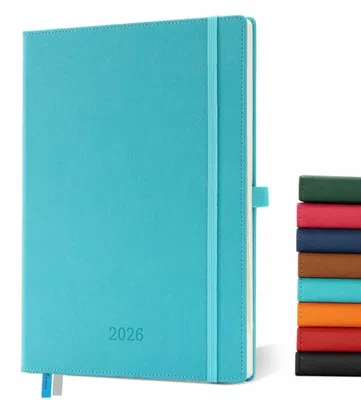 Immagine prodotto di Calendario 2026, formato A4, agenda da scrivania 29x21,7 cm, pianificatore settimanale, quaderno, colore azzurro, rivestimento in ecopelle