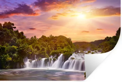 Produktbild von MuchoWow® Wandtattoo Wandsticker Wandaufkleber Wasserfall - Landschaft - Sonne - Wolken - Sonnenuntergang 120x80 cm Selbstklebend und Repositionierbar - Selbstklebend - Fototapeten
