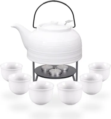 Produktbild von Nelly Teeset / Teeservice / Teekanne Keramik 1,5l mit Sieb, Stövchen und 6 Teetassen 120ml, komplett weiß