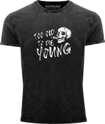 Produktbild von Herren Vintage Shirt Totenkopf too old to die young Printshirt Skull T-Shirt Aufdruck Used Look Neverless® schwarz XL