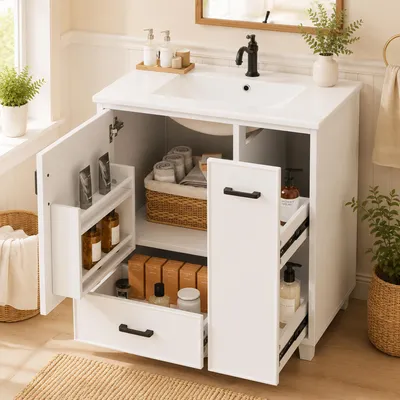 Produktbild von okwish Badschrank mit zweistöckigen Seitenschubladen, Waschtischunterschrank mit Ablagefach, integriertes Keramikwaschbecken,Weiß