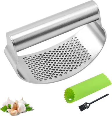 Produktbild von Knoblauchpresse, Knoblauchpresse aus Edelstahl mit praktischem Reinigungsbürstchen und Silikon Knoblauchschäler Set, Garlic Press