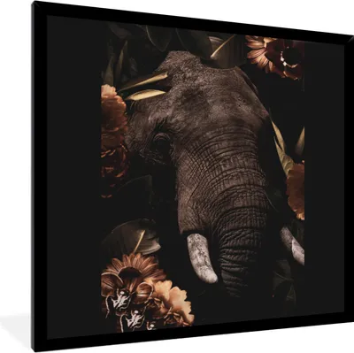 Produktbild von MuchoWow® MuchoWow® Gerahmtes Poster Elefant - Blumen - Porträt 40x40 cm - Poster mit zchwarzem Bilderrahmen - Mit Rahmen - Wanddekoration Schlafzimmer