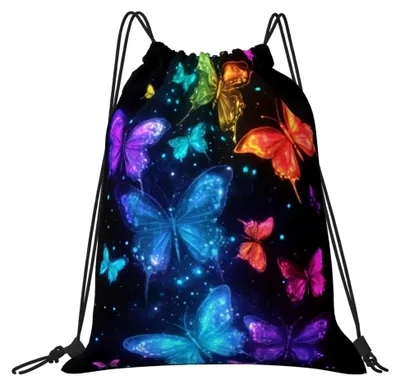 Produktbild von Kordelzug Gymsack mit Schmetterlingen in Schwarz, verstellbare Aufbewahrungstasche für Fitness und Reisen, 36 x 42 cm
