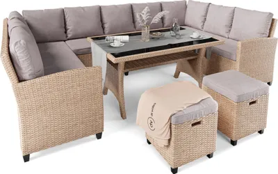 Produktbild von di volio Polyrattan Sitzgruppe LIVORNO - Lounge Gartenmöbel-Set mit Ecksofa, Tisch & 2 Hockern - Loungemöbel in Rattan-Optik inkl. eine Fleecedecke