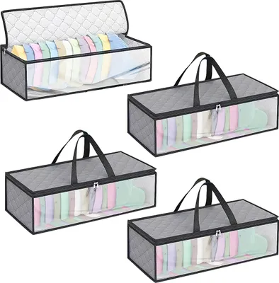 Four fabric storage bags filled with colorful items, likely hats or folded clothes, are arranged on a white background.