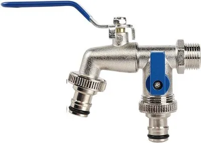 Produktbild von Außendusche-Universell - Wetterfest und Korrosionsbeständig - 1/2 Zoll Einlass und 2x 3/4 Zoll Auslass - Doppelgartenhahn inkl. Dichtband und Schlauchanschlüsse -Blau