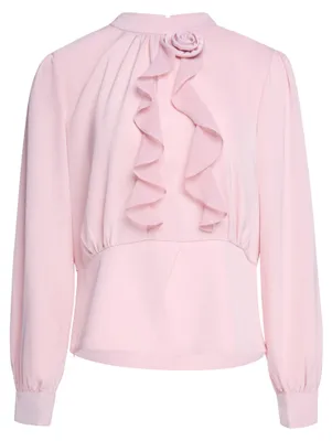 Produktbild von Rosa Satinbluse mit Stehkragen, langen Ärmeln, Rüschen und Blumenmuster, Größe S