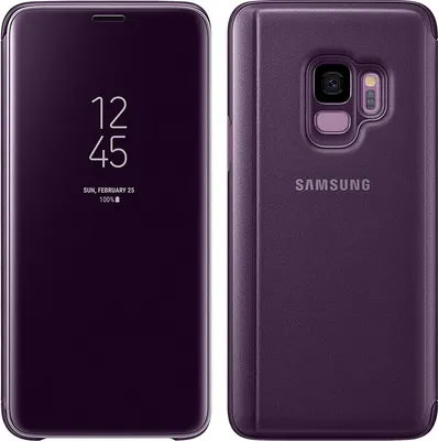 A split image showing the front and back of a purple Samsung Galaxy S9 phone case.
