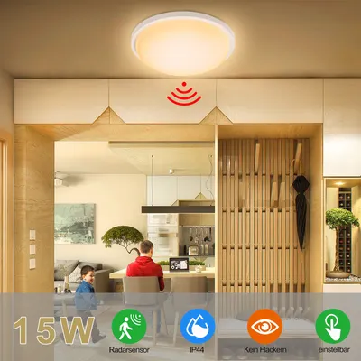 Produktbild von XMTECH 15W LED Deckenleuchte Warmweiß Deckenlampe mit Radar Sensor φ22cm LED Panel Zimmerlampe für Küche Wohnzimmer Balkon Flur