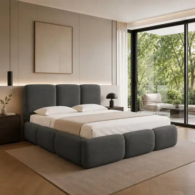 Obrázok produktu pre FURNISTAR Čalúnená posteľ BOVA 200 x 200 cm, čalúnená posteľ s úložným priestorom, úložným priestorom a roštom, dvojposteľ, vzhľad boxspringovej postele, tmavošedá