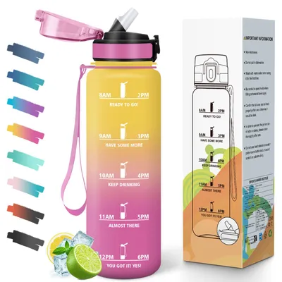 Productafbeelding van Mulbijeo drinkfles 1L, met rietje, sportfles, lekvrij met tijdmarkering en motivatieschaal, waterfles, geschikt voor koolzuurhoudende dranken