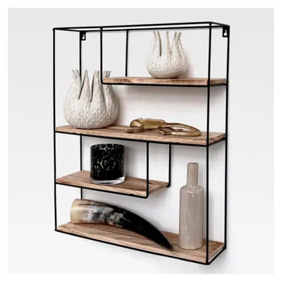 Produktbild von Wandregal Schwarz Rechteckig – Holzregal aus Metall mit 4 Ablagen, Regalbrett für Wohnzimmer, Küche, Schlafzimmer oder Flur, 55x45x11cm