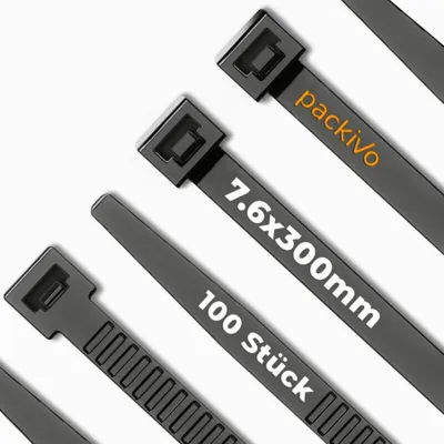 Produktbild von PACKIVO Kabelbinder Schwarz 100 Stück, 40KG Zugfestigkeit - 300mm x 7,6mm, Schwarz