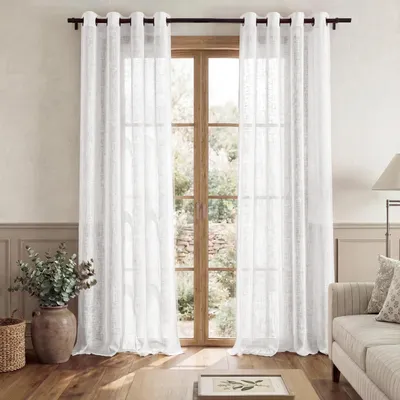 Zdjęcie produktu dla Zasłony z imitacją lnu, półprzezroczyste, wymiary 220 x 140 cm, kolor biały, zestaw 2 sztuk, z przelotkami