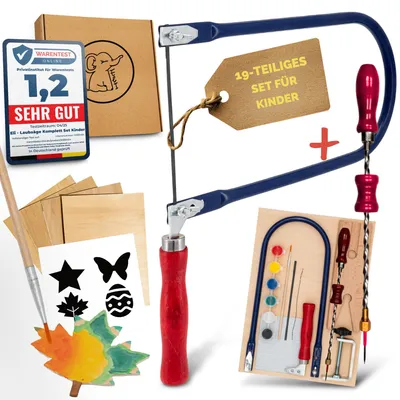 Produktbild von Eli® Laubsäge für Kinder - Komplett Set für Laubsägen inkl Holzbohrer -Vorlagen - Laubsägeplatten - Farben - Pinsel - Schleifpapier - Geschenkset
