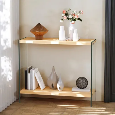 Immagine prodotto di WISFOR Consolle con 2 ripiani, tavolino da corridoio, tavolino laterale, tavolino da divano, struttura in vetro temperato, corridoio, soggiorno, 80 x 30 x 76 cm