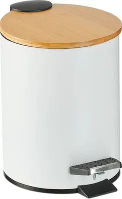 Produktbild von Relaxdays Mülleimer Bad, 3 l, Kosmetikeimer Absenkautomatik, Bambusdeckel, entnehmbarer Inneneimer, Treteimer, weiß