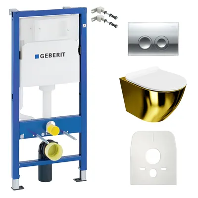 Produktbild von DOMINO Geberit Duofix Basic Vorwandelement + Wand-WC Tiefspül Sofi Slim Becken Gold/Weiß Spülrandlos + Bedienplatte Delta 25 für Doppelspülung  |  Set