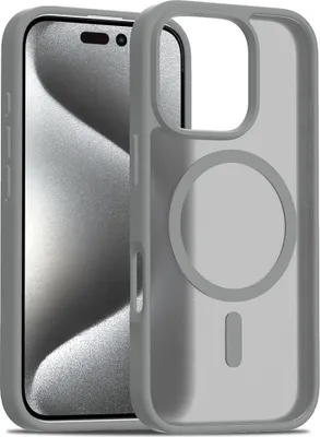 A close-up studio shot of a gray phone case with a translucent back, designed for an iPhone 16 Pro and compatible with MagSafe.
