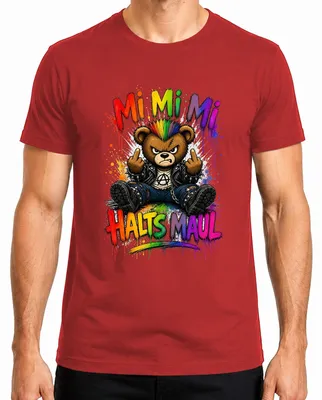Imagen del producto de Camiseta roja para hombre con el texto "Mi Mi Mi Halts Maul Bär Punk Rocker Statement" (en alemán), estilo sarcástico, con un diseño de oso de peluche. Talla L