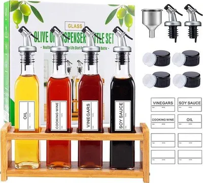 Immagine prodotto di Set di bottiglie per olio con dosatore, 250 ml, 4 pezzi, bottiglie in vetro con rubinetto ed etichette, a tenuta stagna e adatte per olio d'oliva e aceto