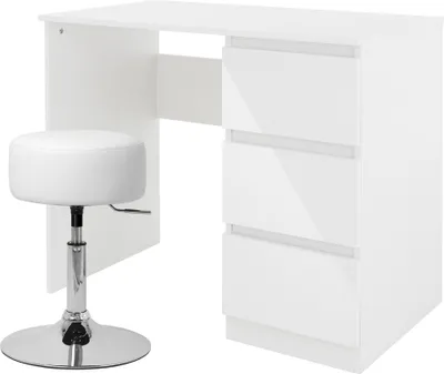 Produktbild von ML-Design Schreibtisch mit Sitzhocker, Weiß, Computertisch mit 3 Schubladen, Polsterhocker Hocker Ø33cm drehbar höhenverstellbar 52-65cm
