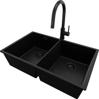 Produktbild von PRIMAGRAN Unterbauspüle Granit Alles Schwarz 76x47cm, Spülbecken 2 Becken + Küchenarmatur 40x20cm + Ablauf-Set, Granitspüle ab 80er Unterschrank - London Twin