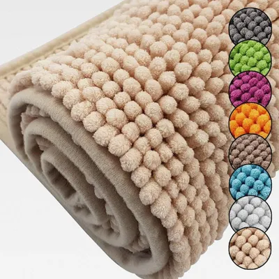 Produktbild von Badematte Chenille 70x120 cm Beige Rutschfester Hochflor Badteppich Wellness Badvorleger Saugfähig und Flauschig