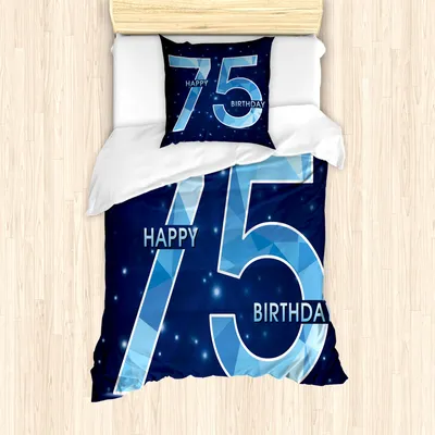 Produktbild von ABAKUHAUS 75. Geburtstag Mantele, Geburtstags-Thema Sterne, Milbensicher Allergiker geeignet mit Kissenbezügen, 135 cm x 200 cm - 80 x 80 cm, Dunkelblau Hellblau