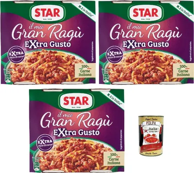 Produktbild von Star Il Mio Gran Ragu Extra Gusto 3x (2x180g) Fertige Fleischsauce mit 100% italienischem Fleisch, herzhafte Bolognese für Pasta, schnell in Mikrowelle oder Topf zubereitet + Italian Gourmet polpa