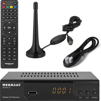 Produktbild von Megasat T644 DVB-T2 Receiver + aktive Zimmerantenne + HDMI Kabel, HDTV für frei Empfangbare DVB-T2 Sender , schwarz