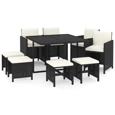 Produktbild von 9-tlg. Garten-Essgruppe mit Kissen Poly Rattan Schwarz