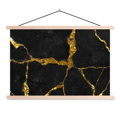 Produktbild von MuchoWow® Textilposter Marmor - Gold - Schwarz - Marmoroptik - Glitter 150x100 cm mit holzfarbenen Rahmen - Posters