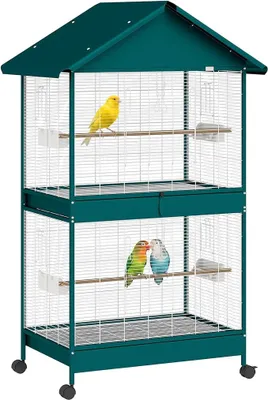 Imagen del producto de Jaula grande para pájaros, con ruedas, tipo volera, con 4 comederos, de 94x70x158 cm