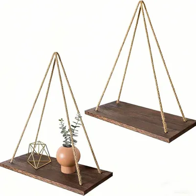 Produktbild von Wandregal mit Seil 2er Set Holz Hängeregal 35 cm Natur Boho