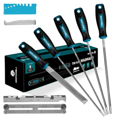 Produktbild von Kettensägenfeile, 4,0, 4,8, 5,5mm (5/32", 3/16", 7/32") Kettensägen Schärfen, Rundfeile Kettensäge, 6" Flachfeile, Tiefenmesser, Schärfanleitung, Schienennutreiniger, Beutel, zum Kettensägen