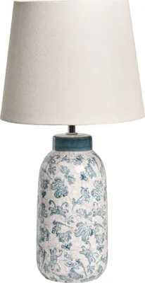 Produktbild von BELIANI Tischlampe Weiß / Blau Keramik mit Kunstleinen Stoffschirm Florales Motiv Blumen Muster Mediterraner Stil Wohnzimmer Schlafzimmer Flur