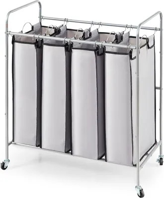 Image de Chariot de tri du linge à 4 compartiments, panier à linge avec roues verrouillables robustes et 4 sacs amovibles, panier à linge roulant pour le rangement des vêtements