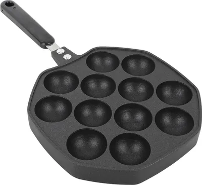 Imagen del producto de Sartén para hacer takoyaki con 12 moldes. Fabricada en aleación de aluminio, con superficie antiadherente, ideal para preparar bolas de pulpo, crepes y otros platos