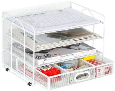 Immagine prodotto di Organizzatore da scrivania in metallo Unyqoos® con 4 scomparti e cassetto – Porta documenti formato A4, verniciato a polvere, dimensioni 33,5 x 23,5 x 23,5 cm