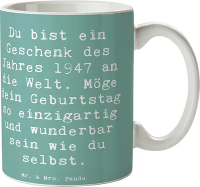Produktbild von Mr. & Mrs. Panda Trinkbecher Spruch 1947 Geburtstag - Meeresbrise - Geschenk, Motivtasse, besondere Geburtstagswünsche, Tasse, Jahrestag, Feier, Becher, schöne, Alter