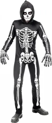 Produktbild von Skelett Overall mit Kapuze Kinderkostüm als Halloween Verkleidung Größe: M 140 / 8-10 Jahre