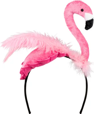 A pink flamingo headband on a white background.
