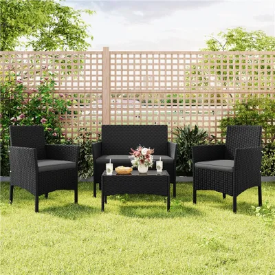 Produktbild von Yaheetech 4-tlg. Gartenmöbel-Set aus Rattan, Tisch & 2 Stühle & 2-Sitzer-Bank, mit wetterfesten Sitzkissen, Sitzgruppe für Terrasse, Schwarz & Grau